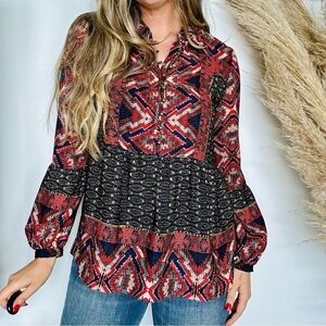 Anthropologie Konrad & Joseph Women's Boho Tribal Red Peasant Silky Blouse Top M